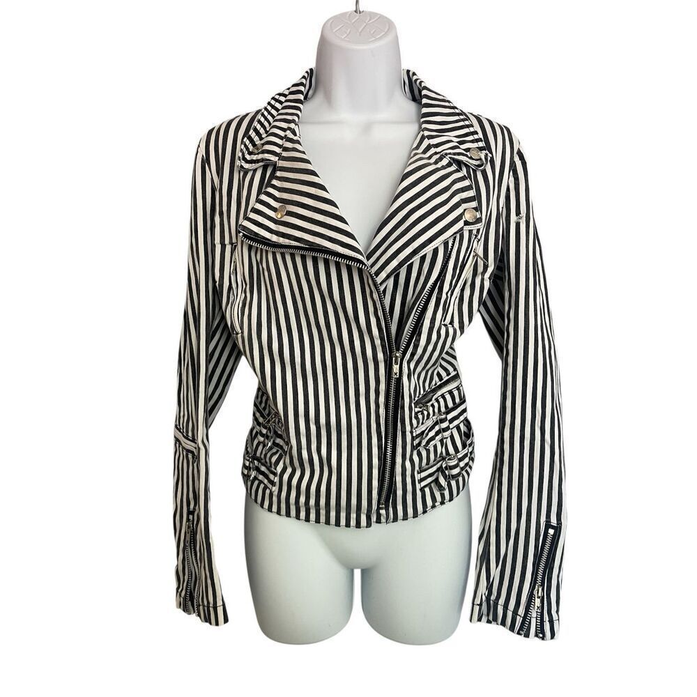 Vintage Tripp NYC Black and White Striped Moto Jacket Women’s Size M